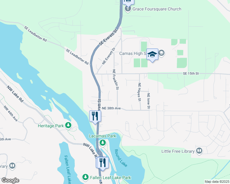 map of restaurants, bars, coffee shops, grocery stores, and more near 4033 Northeast Franklin Street in Camas