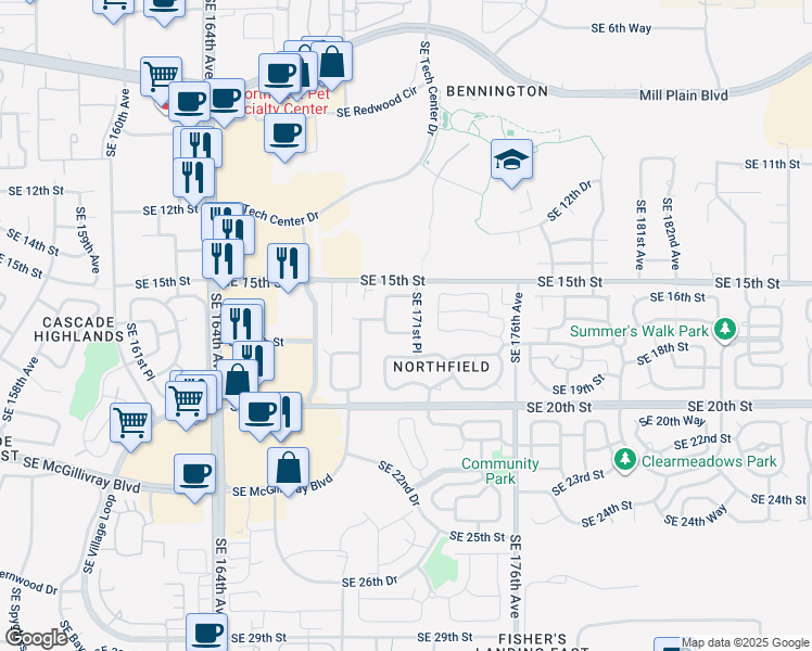 map of restaurants, bars, coffee shops, grocery stores, and more near 1701 Southeast 171st Place in Vancouver