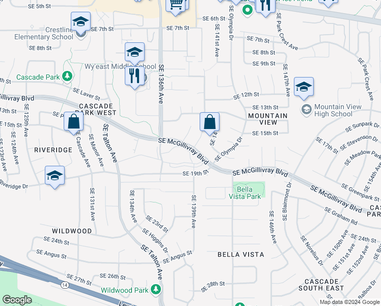 map of restaurants, bars, coffee shops, grocery stores, and more near 13801 Southeast Eastridge Drive in Vancouver