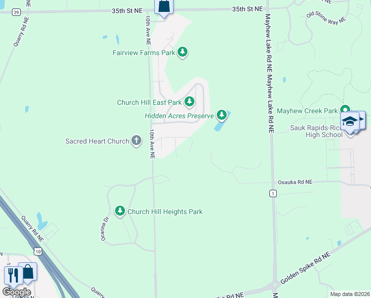 map of restaurants, bars, coffee shops, grocery stores, and more near 1128 29th Street Northeast in Sauk Rapids