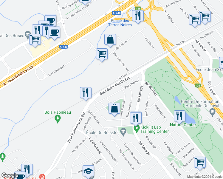 map of restaurants, bars, coffee shops, grocery stores, and more near 3440 Boulevard Saint-Martin Est in Laval