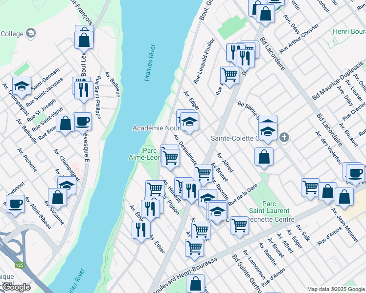 map of restaurants, bars, coffee shops, grocery stores, and more near Avenue Desaulniers in Montréal