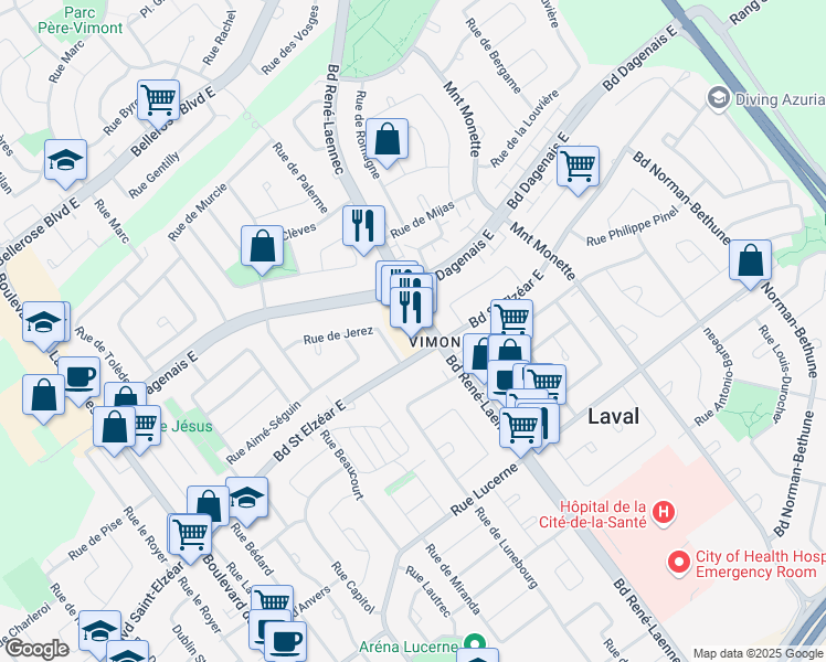map of restaurants, bars, coffee shops, grocery stores, and more near 2016 Boulevard René-Laennec in Laval