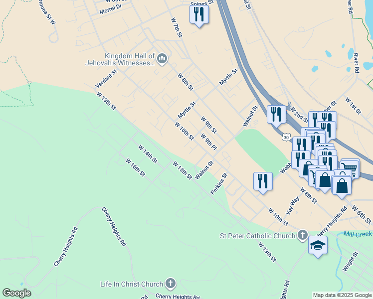 map of restaurants, bars, coffee shops, grocery stores, and more near 1201 Eric Court in The Dalles