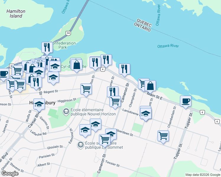 map of restaurants, bars, coffee shops, grocery stores, and more near 281 Laurier Street in Hawkesbury