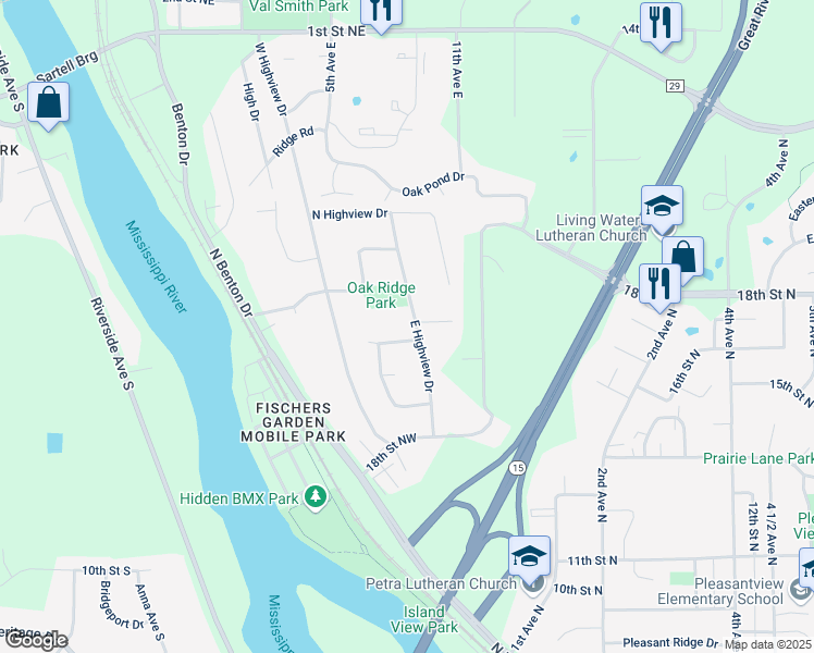map of restaurants, bars, coffee shops, grocery stores, and more near 1955 East Highview Drive in Sauk Rapids