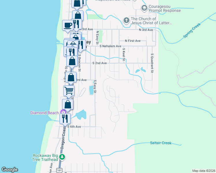 map of restaurants, bars, coffee shops, grocery stores, and more near 353 South Longview Loop in Rockaway Beach