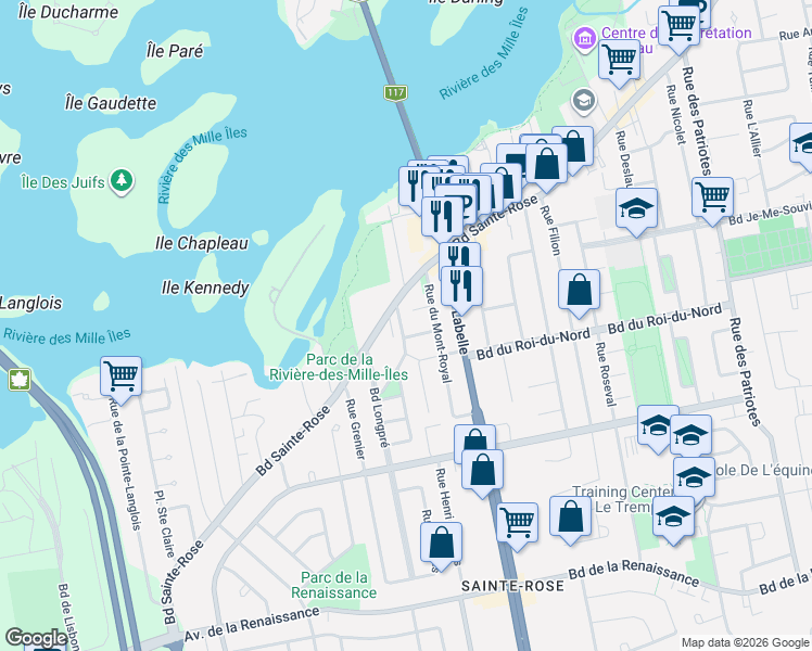 map of restaurants, bars, coffee shops, grocery stores, and more near 108 B Rue Clarence-Gagnon in Laval
