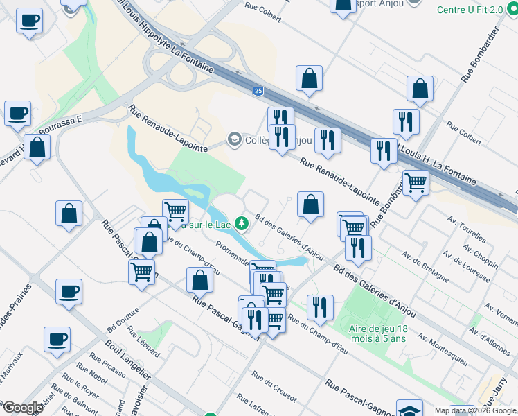 map of restaurants, bars, coffee shops, grocery stores, and more near 7169 Croissant du Littoral in Montréal