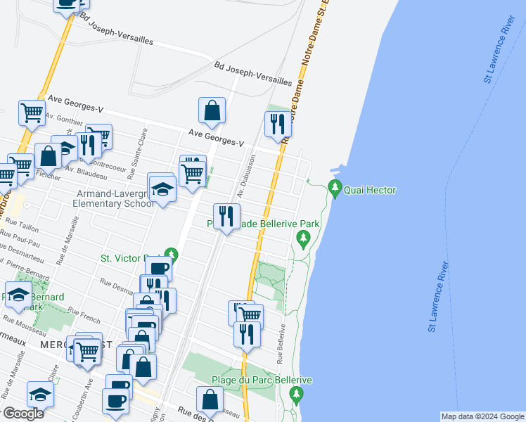 map of restaurants, bars, coffee shops, grocery stores, and more near 9521 Rue Notre-Dame Est in Montréal