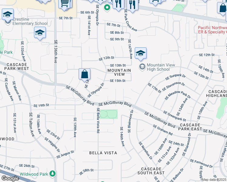 map of restaurants, bars, coffee shops, grocery stores, and more near 1614 Southeast 145th Court in Vancouver