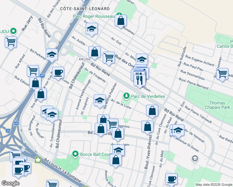 map of restaurants, bars, coffee shops, grocery stores, and more near 8532 Place de Verdelles in Montréal