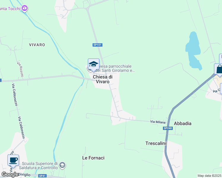 map of restaurants, bars, coffee shops, grocery stores, and more near 43 Via Milana in Chiesa di Vivaro
