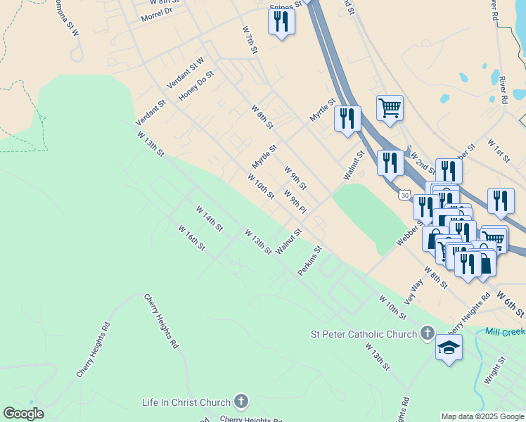map of restaurants, bars, coffee shops, grocery stores, and more near 1201 Eric Court in The Dalles
