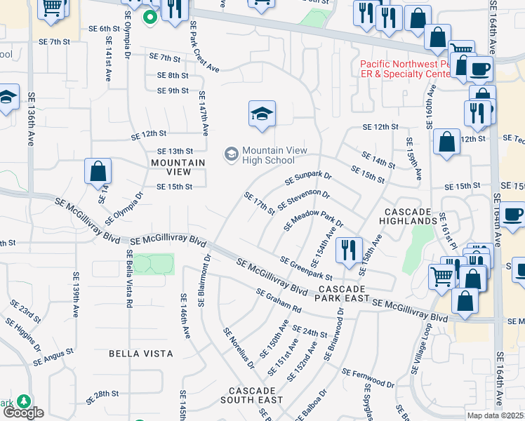 map of restaurants, bars, coffee shops, grocery stores, and more near 14917 Southeast Sunpark Drive in Vancouver