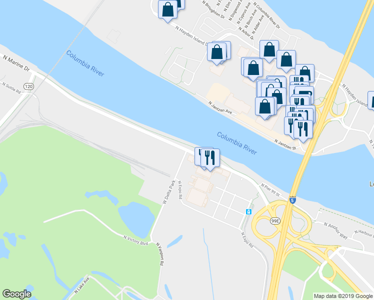 map of restaurants, bars, coffee shops, grocery stores, and more near Marine Drive West in Portland
