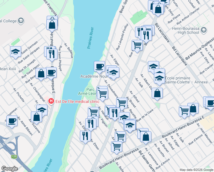 map of restaurants, bars, coffee shops, grocery stores, and more near 12188 Avenue Desaulniers in Montréal