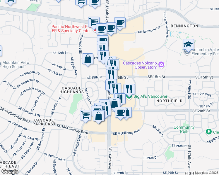 map of restaurants, bars, coffee shops, grocery stores, and more near 16400 Southeast 18th Street in Vancouver