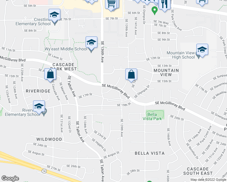 map of restaurants, bars, coffee shops, grocery stores, and more near 13801 Southeast Eastridge Drive in Vancouver