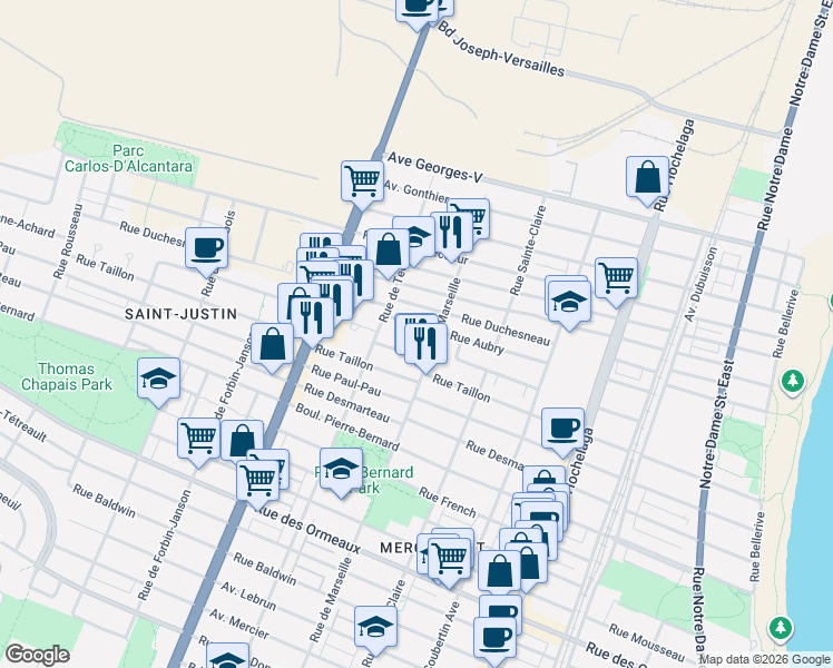map of restaurants, bars, coffee shops, grocery stores, and more near 3038 Rue Bolduc in Montréal