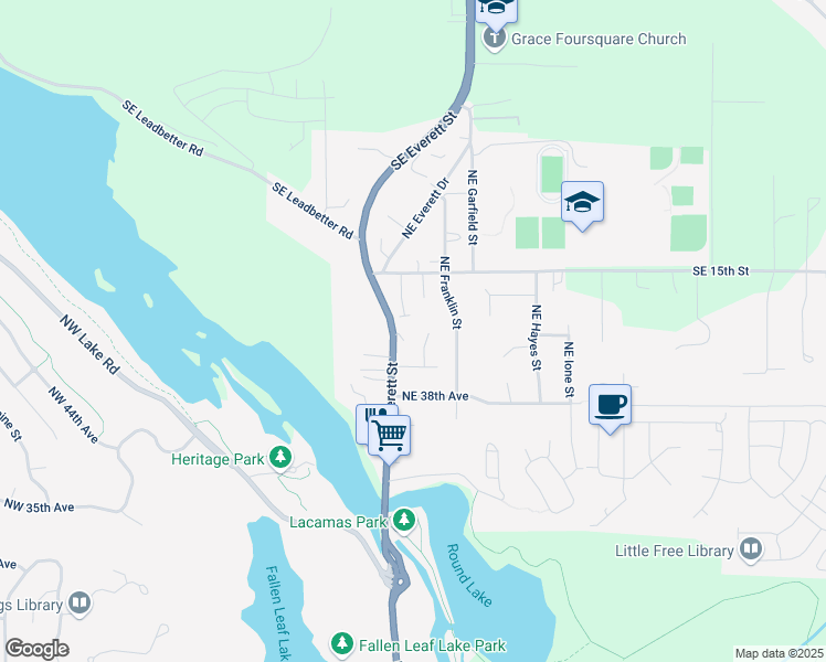 map of restaurants, bars, coffee shops, grocery stores, and more near 4027 NE Everett Ct in Camas