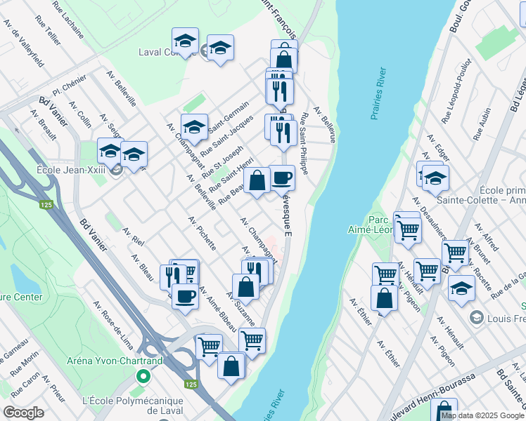 map of restaurants, bars, coffee shops, grocery stores, and more near 960 Avenue Saint Laurent in Laval