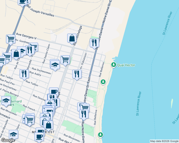 map of restaurants, bars, coffee shops, grocery stores, and more near 9519 Rue Notre-Dame Est in Montréal