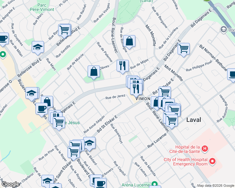 map of restaurants, bars, coffee shops, grocery stores, and more near 228 Rue de Jerez in Laval