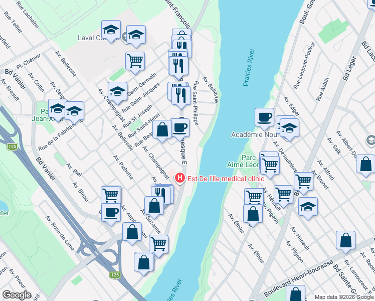 map of restaurants, bars, coffee shops, grocery stores, and more near 4882 Boulevard Lévesque Est in Laval