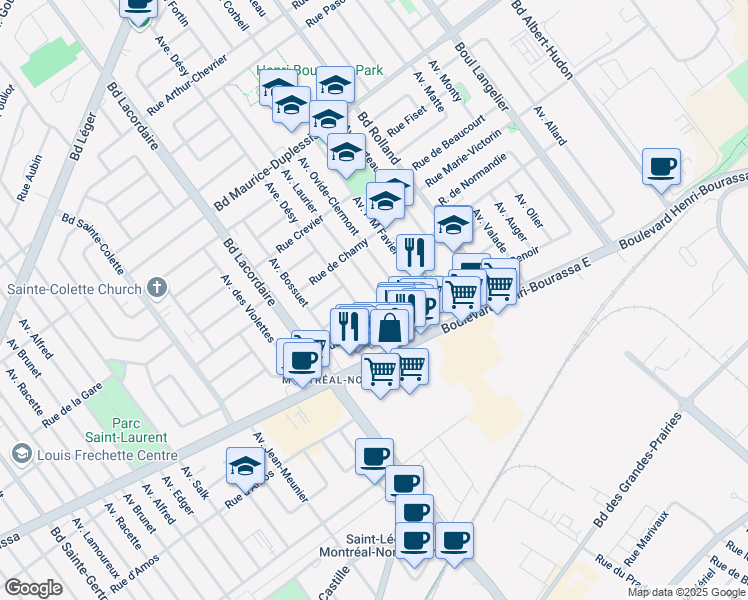 map of restaurants, bars, coffee shops, grocery stores, and more near 11494 Avenue Laurier in Montréal