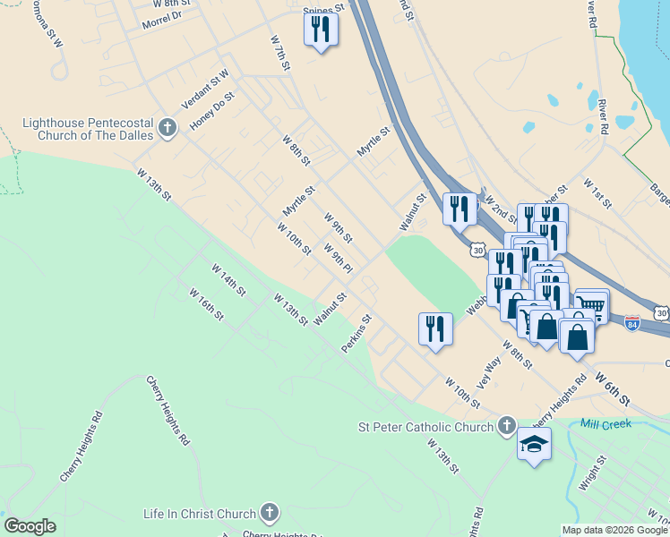 map of restaurants, bars, coffee shops, grocery stores, and more near 2013 West 10th Street in The Dalles