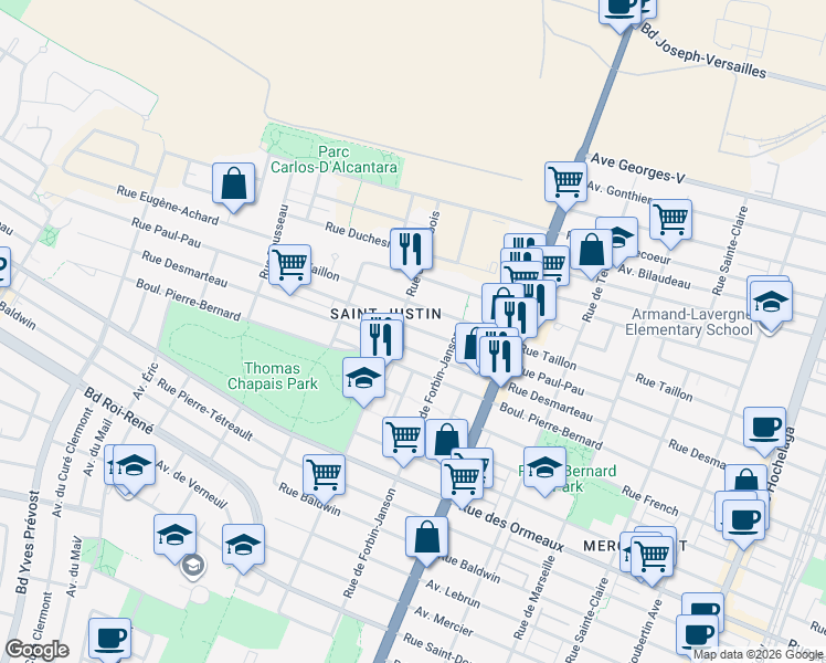 map of restaurants, bars, coffee shops, grocery stores, and more near 5070 Rue Paul Pau in Montréal