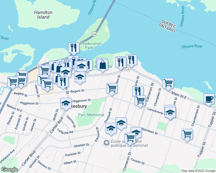 map of restaurants, bars, coffee shops, grocery stores, and more near 749 Regent Street in Hawkesbury