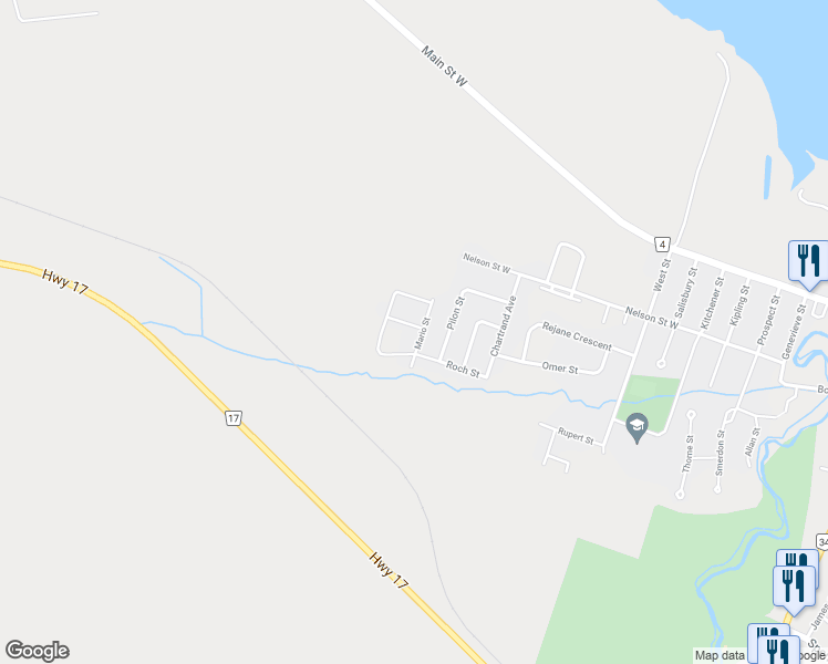map of restaurants, bars, coffee shops, grocery stores, and more near 530 Mario Street in Hawkesbury