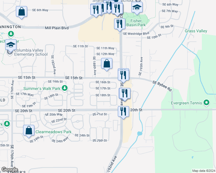 map of restaurants, bars, coffee shops, grocery stores, and more near 18906 Southeast 17th Street in Vancouver