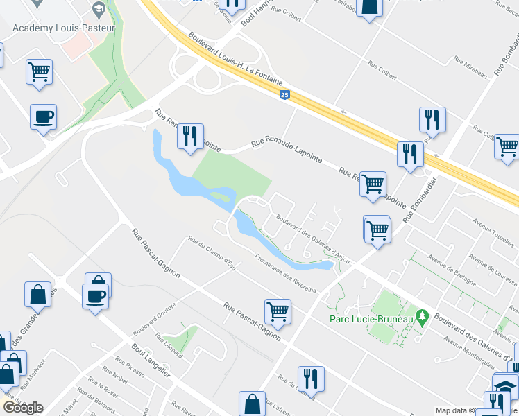 map of restaurants, bars, coffee shops, grocery stores, and more near 10300 Boulevard des Galeries d'Anjou in Montréal