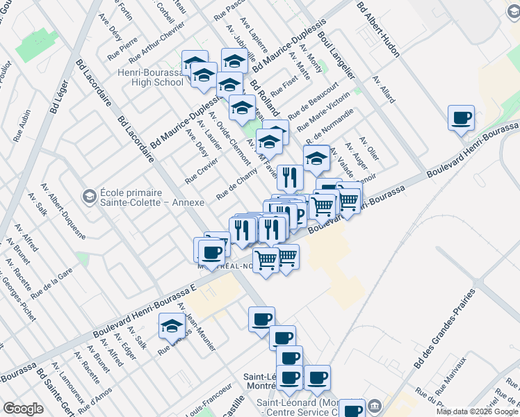 map of restaurants, bars, coffee shops, grocery stores, and more near 11498 Avenue Laurier in Montréal