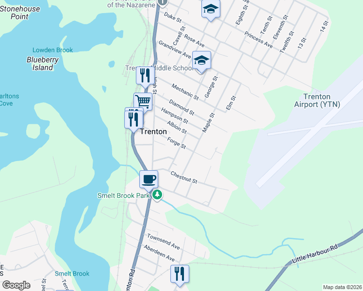 map of restaurants, bars, coffee shops, grocery stores, and more near Forge Street in Trenton