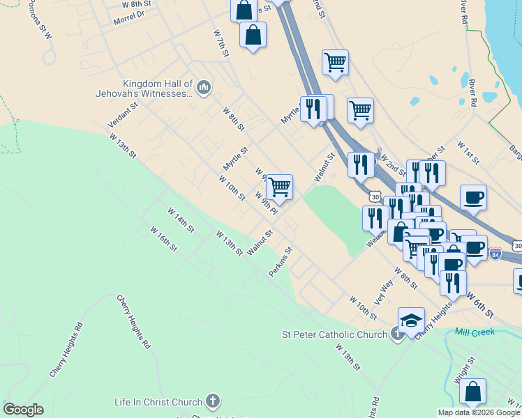 map of restaurants, bars, coffee shops, grocery stores, and more near 2021 West 10th Street in The Dalles