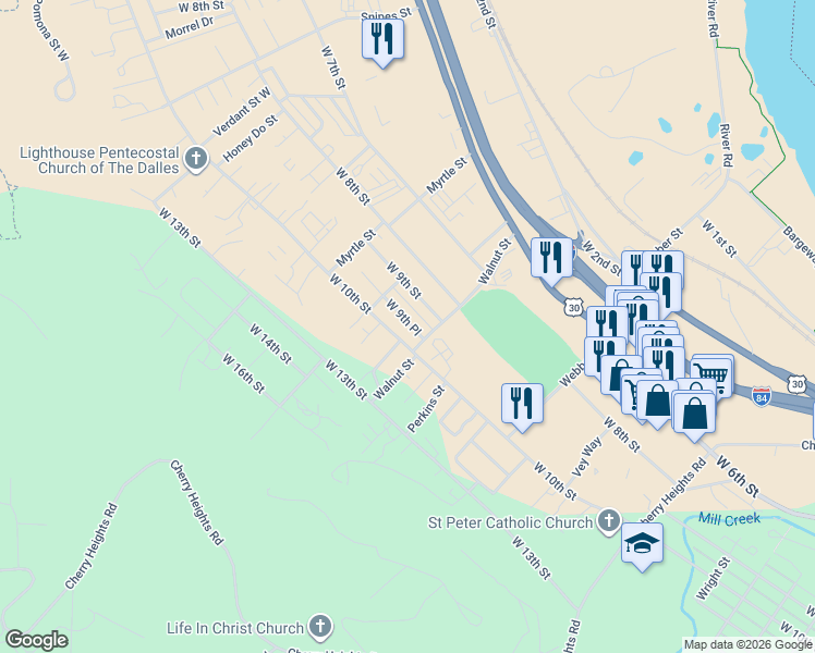 map of restaurants, bars, coffee shops, grocery stores, and more near 2013 West 10th Street in The Dalles