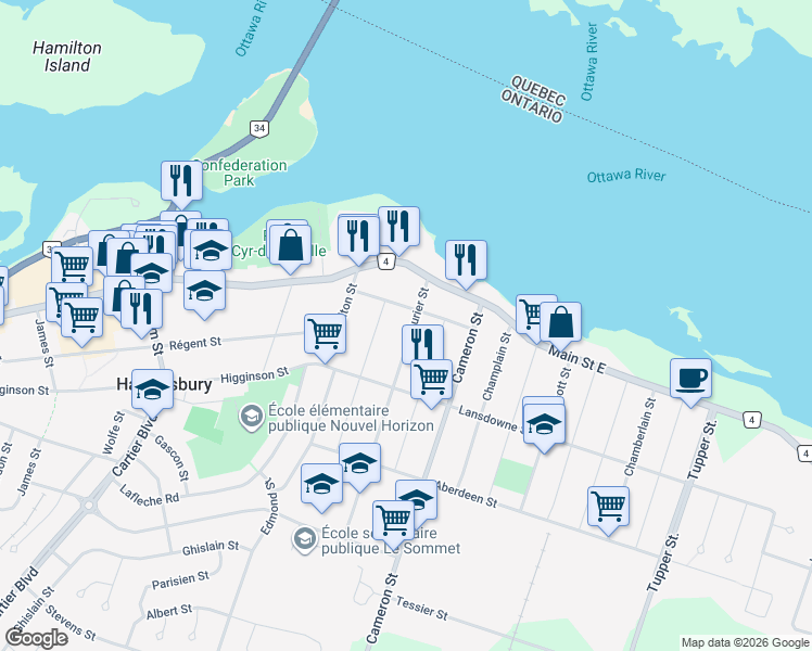 map of restaurants, bars, coffee shops, grocery stores, and more near 281 Laurier Street in Hawkesbury