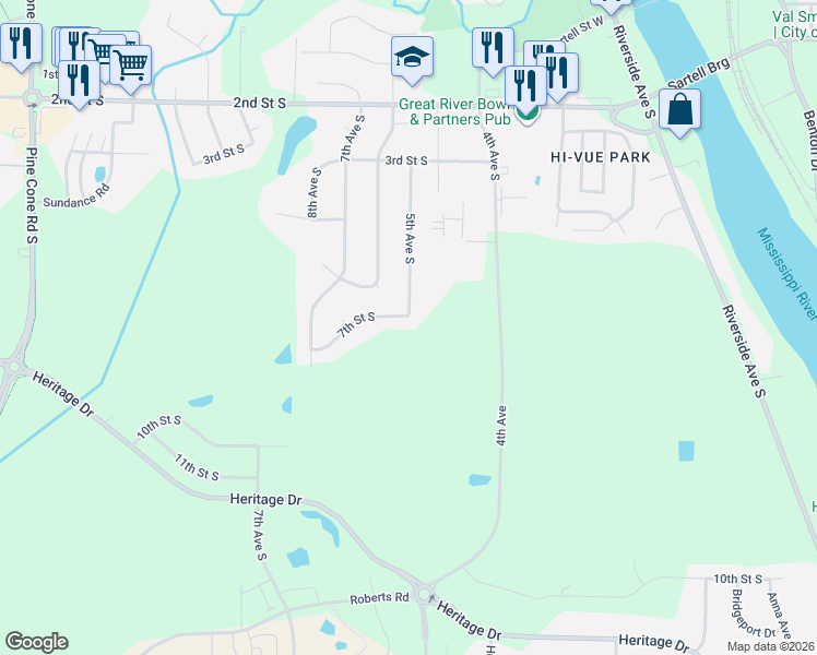 map of restaurants, bars, coffee shops, grocery stores, and more near 646 5th Avenue South in Sartell