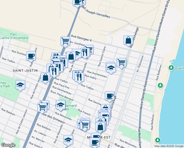 map of restaurants, bars, coffee shops, grocery stores, and more near 2906 Rue Duchesneau in Montréal
