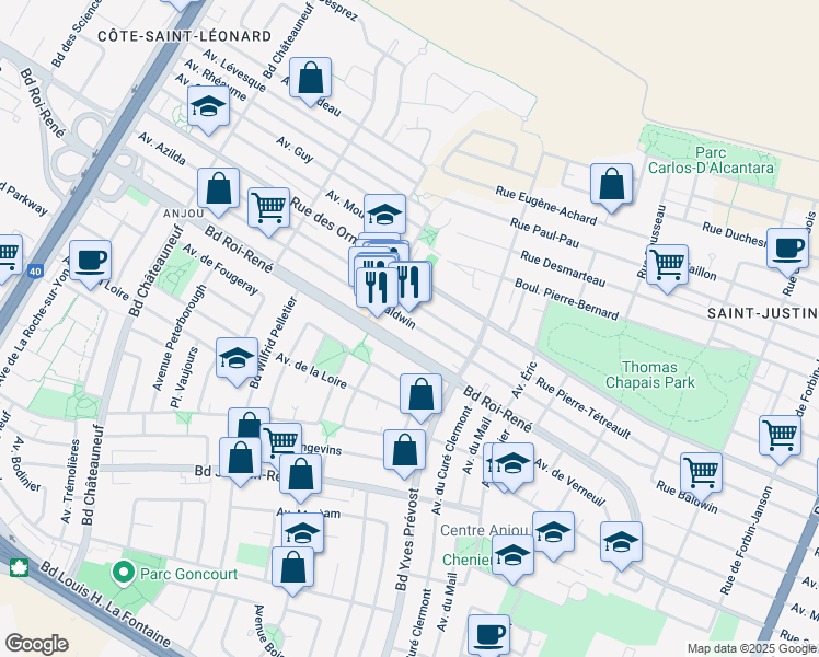map of restaurants, bars, coffee shops, grocery stores, and more near 6522 Rue Baldwin in Montréal