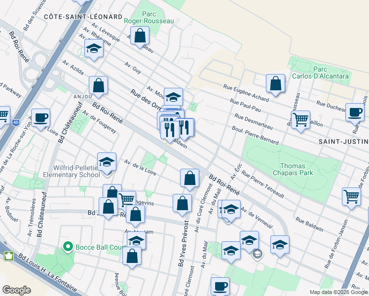 map of restaurants, bars, coffee shops, grocery stores, and more near 6528 Avenue Baldwin in Montréal