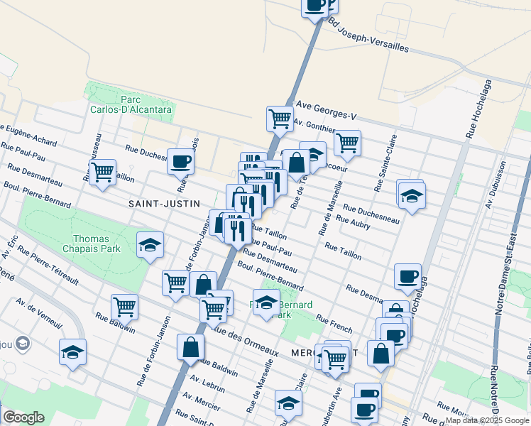map of restaurants, bars, coffee shops, grocery stores, and more near 9200 Rue Sherbrooke Est in Montreal