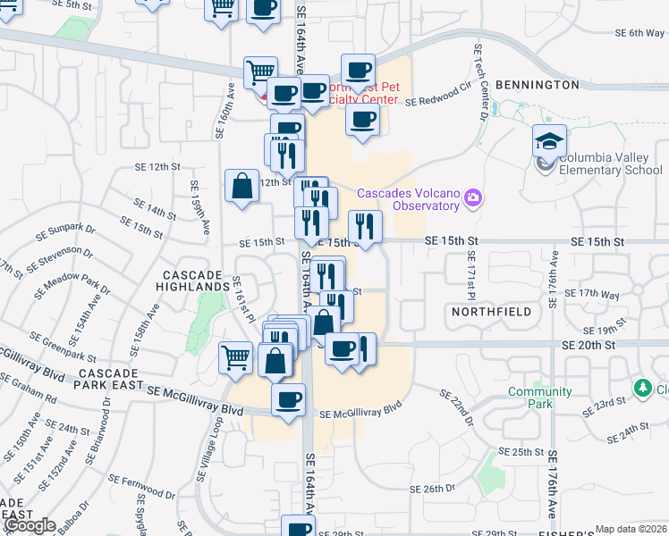 map of restaurants, bars, coffee shops, grocery stores, and more near 16415 Southeast 15th Street in Vancouver
