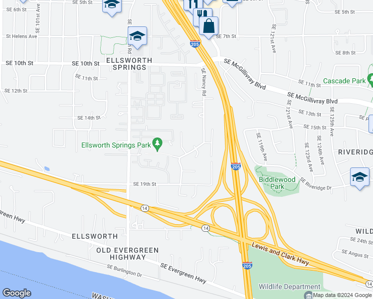 map of restaurants, bars, coffee shops, grocery stores, and more near 11304 Southeast Nancy Road in Vancouver