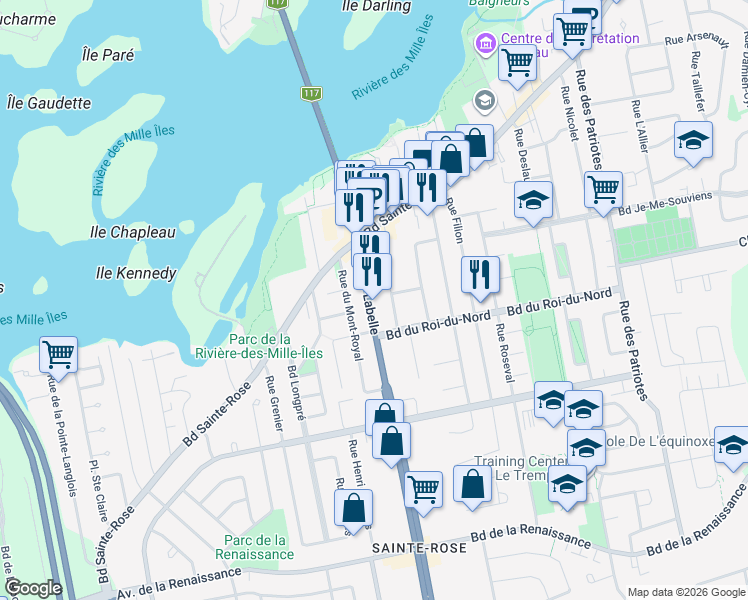 map of restaurants, bars, coffee shops, grocery stores, and more near 128A Boulevard du Curé-Labelle in Laval