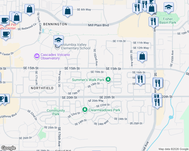 map of restaurants, bars, coffee shops, grocery stores, and more near 18120 Southeast 17th Street in Vancouver